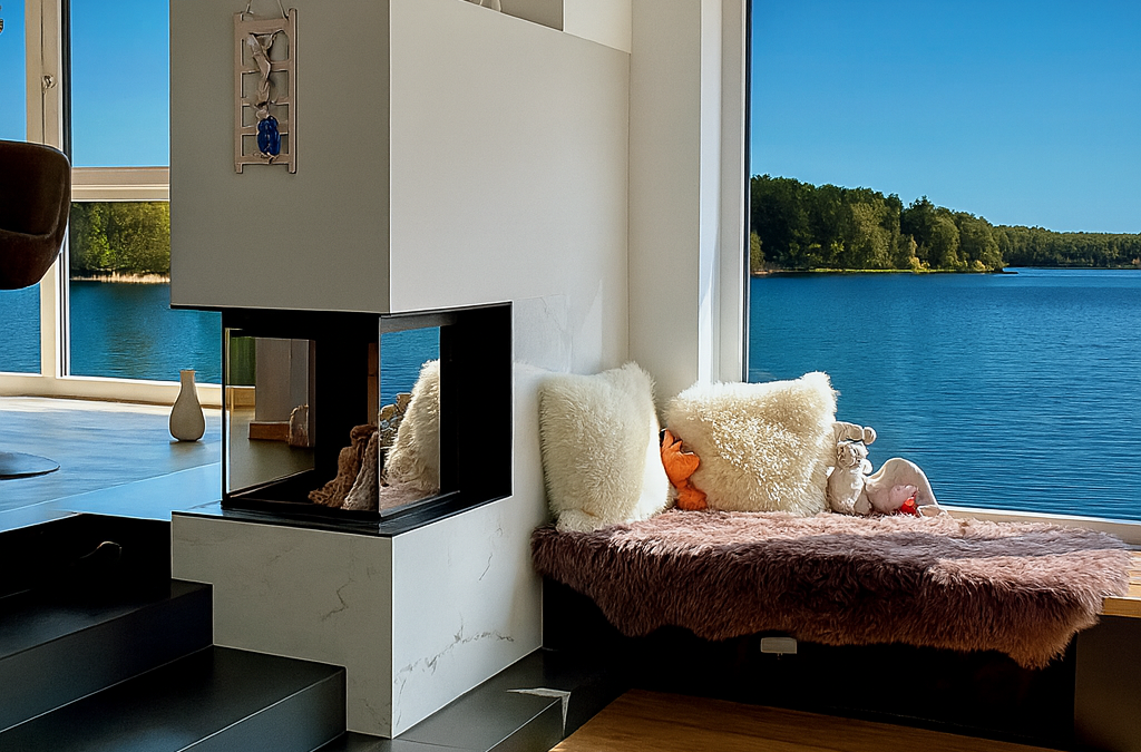 Panoramakamin mit dreiseitiger Verglasung und Seeblick – Architekturhighlight mit Wohlfühlgarantie