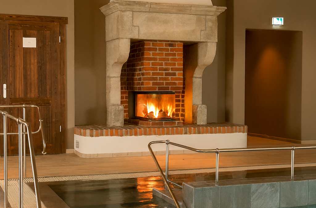 Kaminanlage im Wellnessbereich – Feuer & Wasser in perfektem Einklang