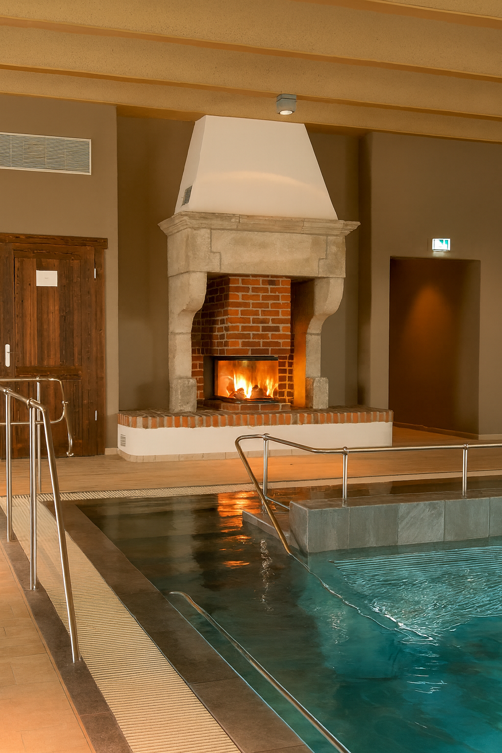 Gemauerter Kamin mit Sichtfeuer im Spa-Bereich, kombiniert mit moderner Wasserlandschaft und rustikalem Design