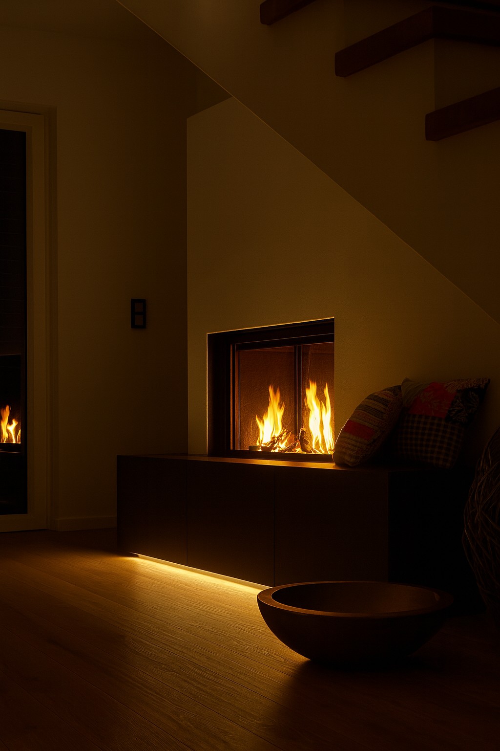 Moderner Kamin unter Treppe mit einseitiger Verglasung, brennendem Feuer und stimmungsvoller Beleuchtung